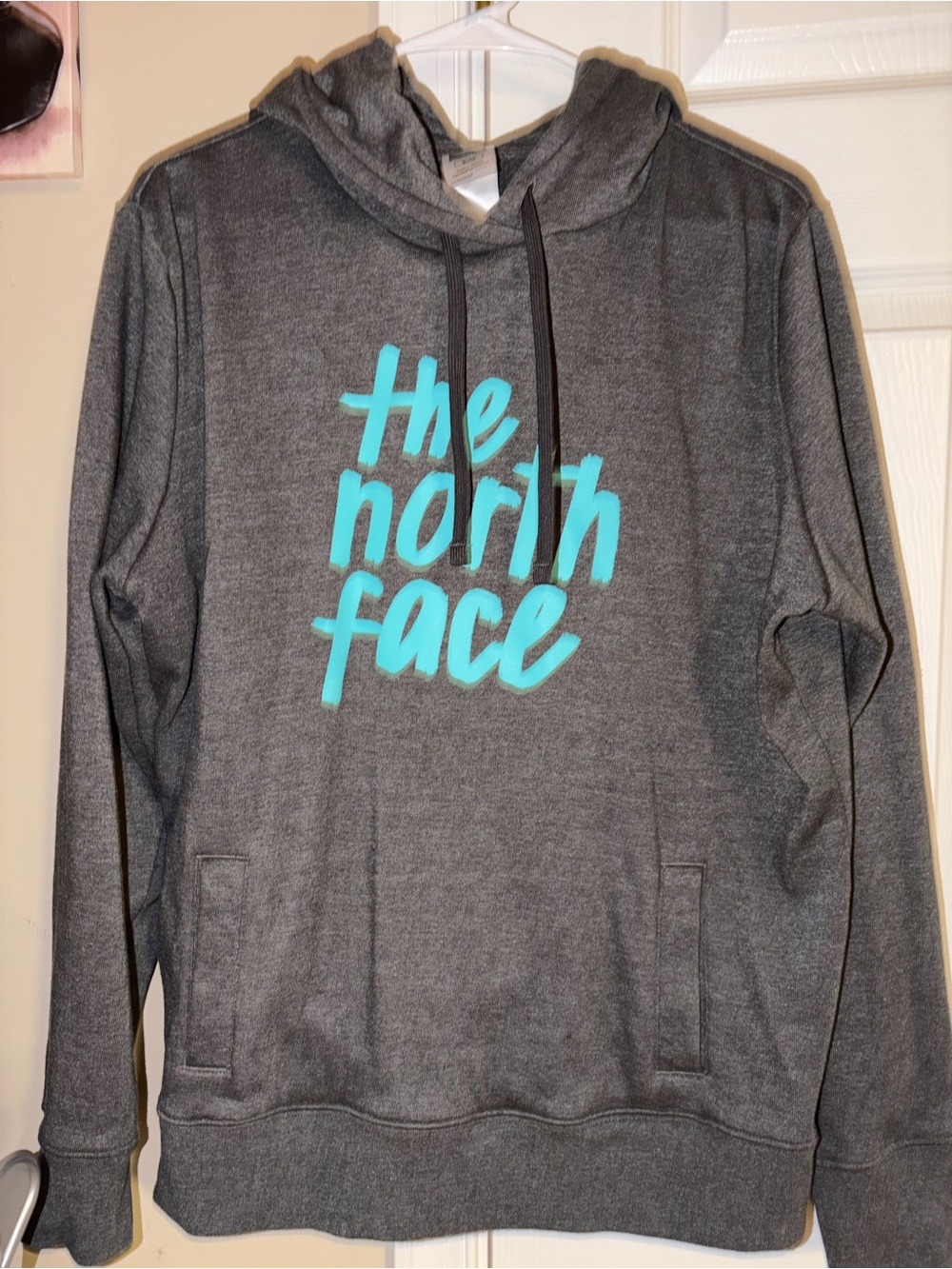 The North Face Gray Crewneck Hoodie with Teal Script Logo